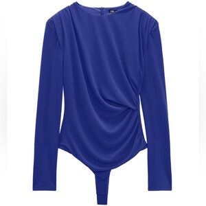 Brand New Zara Royal Blue Draped Shoulder Pad Long Sleeve Bodysuit